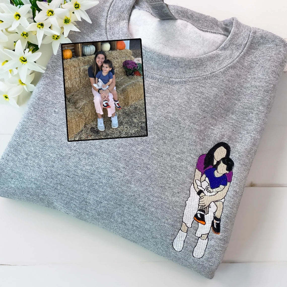 Custom Embroidered Photo Portrait T-shirt Hoodie For Mom - Unique Mother&