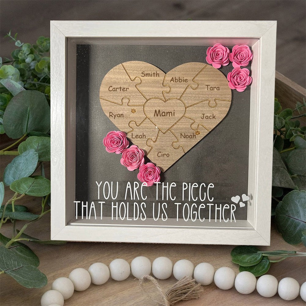 Personalized Mom Flower Shadow Box Heart Name Puzzle Piece For Mother&