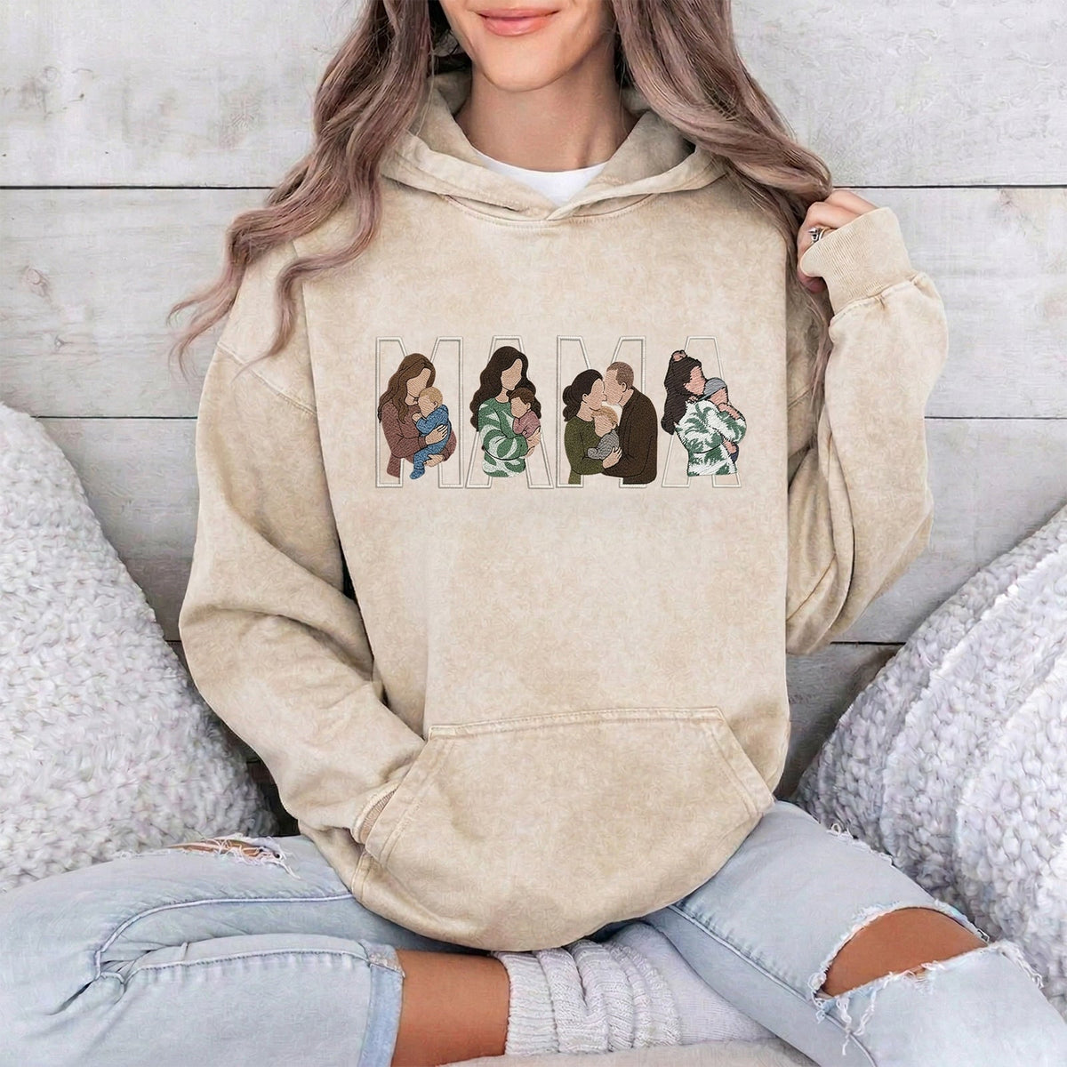 Custom Photo Portrait Embroidery Washed Sweatshirt, Gift For Mum/Family