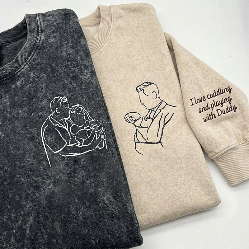 Custom Personalized Dad Portrait Embroidered Washed Sweatshirt, Hoodie &amp; T-Shirt