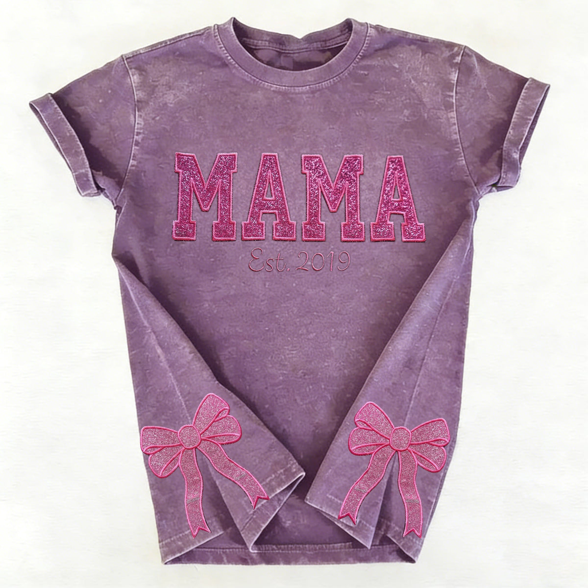 Custom Trendy and Cute Mama Embroidered Glitter Side Bow Washed Sweatshirt | Mother&