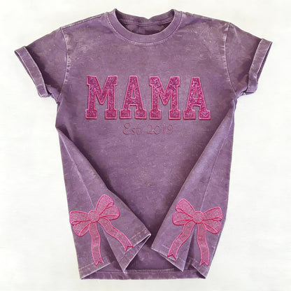 Custom Trendy and Cute Mama Embroidered Glitter Side Bow Washed Sweatshirt | Mother&