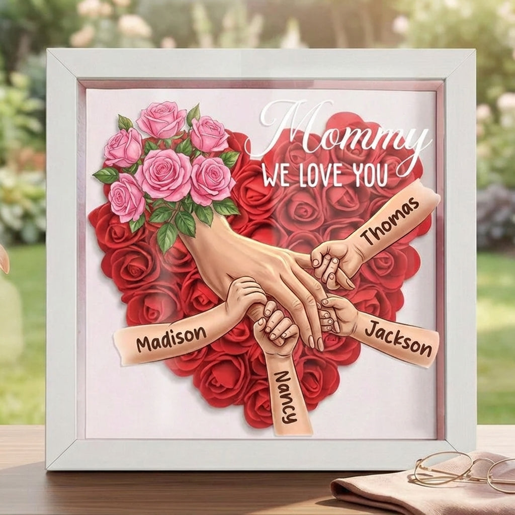 "Pink Roses"-Personalized Mom Holding Hands  Shadow Box-Mother&