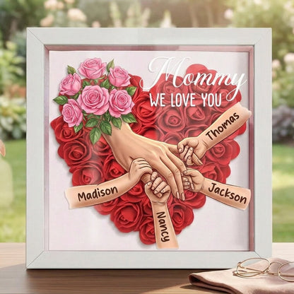 "Pink Roses"-Personalized Mom Holding Hands  Shadow Box-Mother&