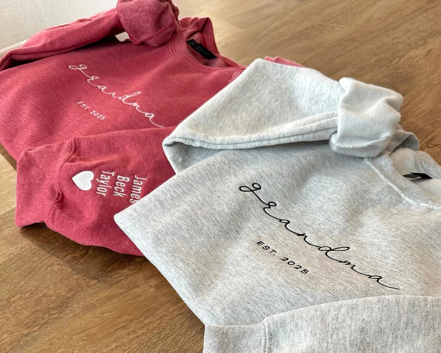 Custom Embroidered Grandma Sweatshirt with Grandkids Names on Sleeves