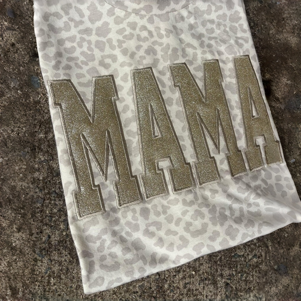 Custom Embroidered Leopard Mama Shirt Black Glitter Monochromatic Tee Mothers Day Gift for Mom