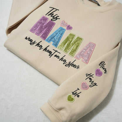 Custom Mama/Mom "Wear Heart on Her Sleeve" Sequin Sweatshirt with Kids&