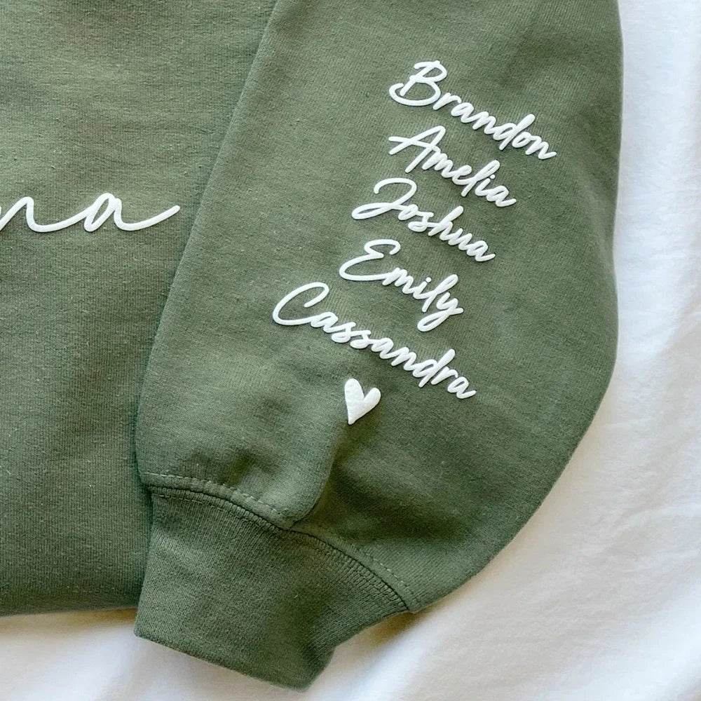 Custom Puff Print Sweatshirt Est Year with Kids Names on Sleeve | for Mama and Grandma Gift