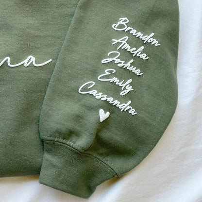 Custom Puff Print Sweatshirt Est Year with Kids Names on Sleeve | for Mama and Grandma Gift
