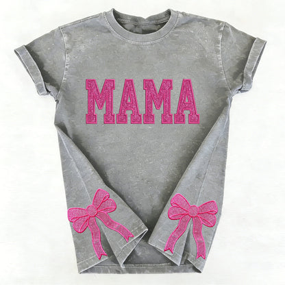Custom Trendy and Cute Mama Embroidered Glitter Side Bow Washed Sweatshirt | Mother&