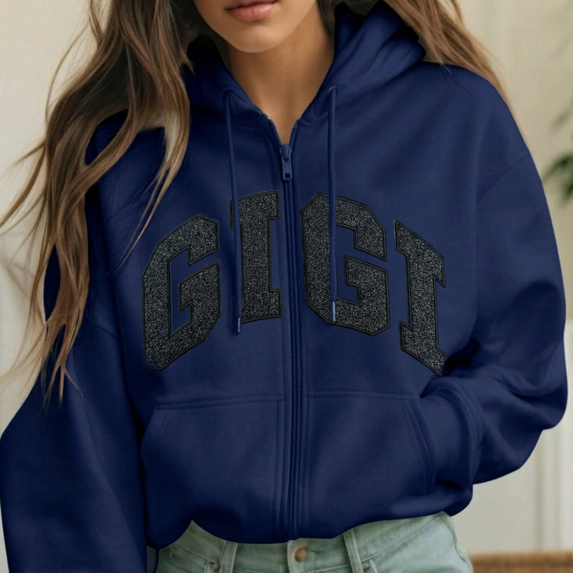 Custom Embroidered Applique Glitter Mama Full Zip Sweatshirt - Gift for Mom