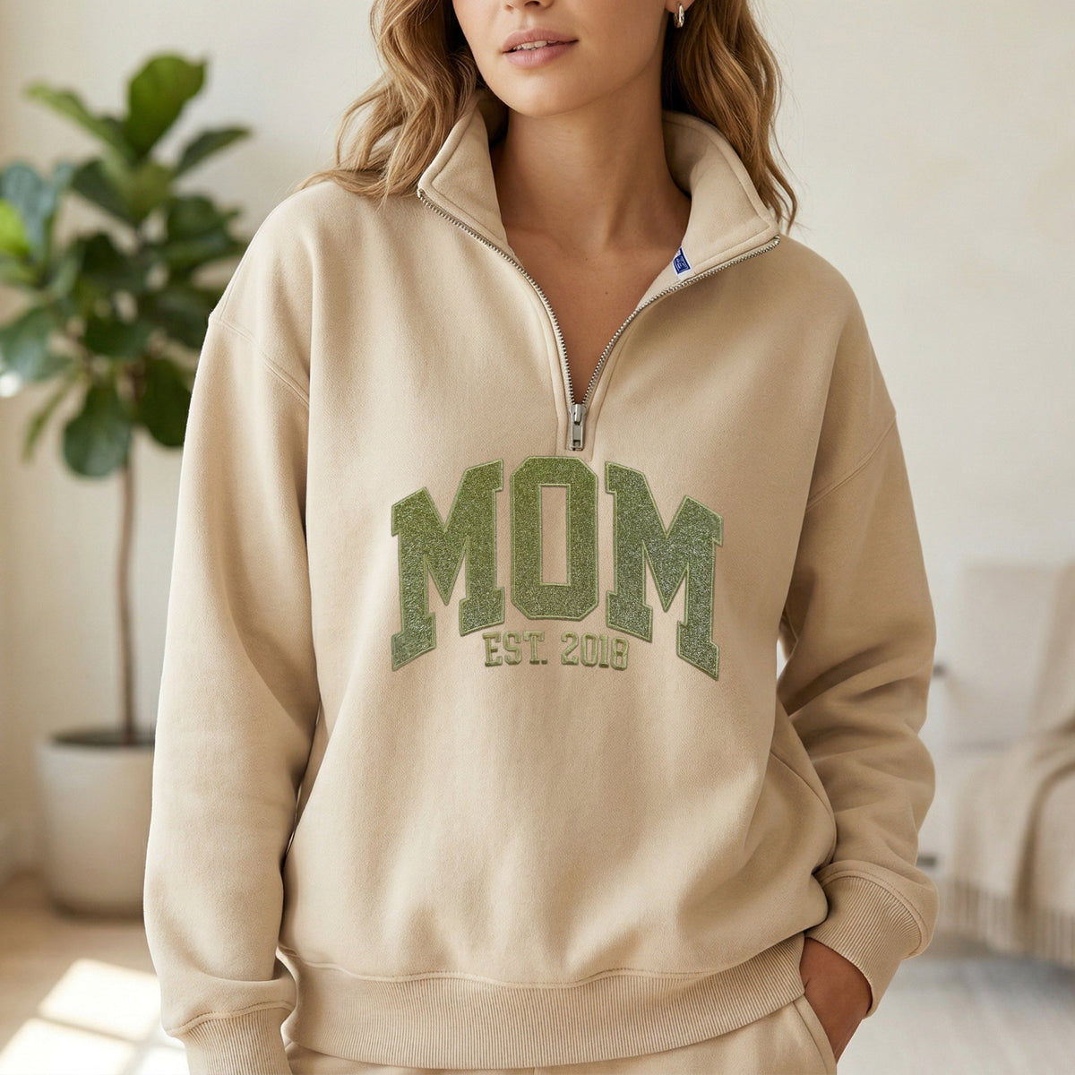 Custom Embroidered Applique Glitter Mama Quarter Zip Sweater - Gift for Mom