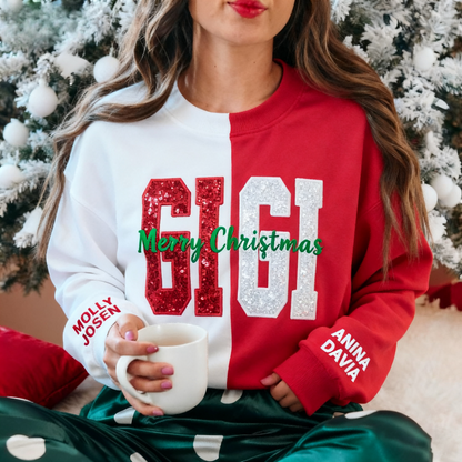 Custom Two Tone Sequins Mama Sweatshirt Christmas Split Fashion Embroidered Hoodie