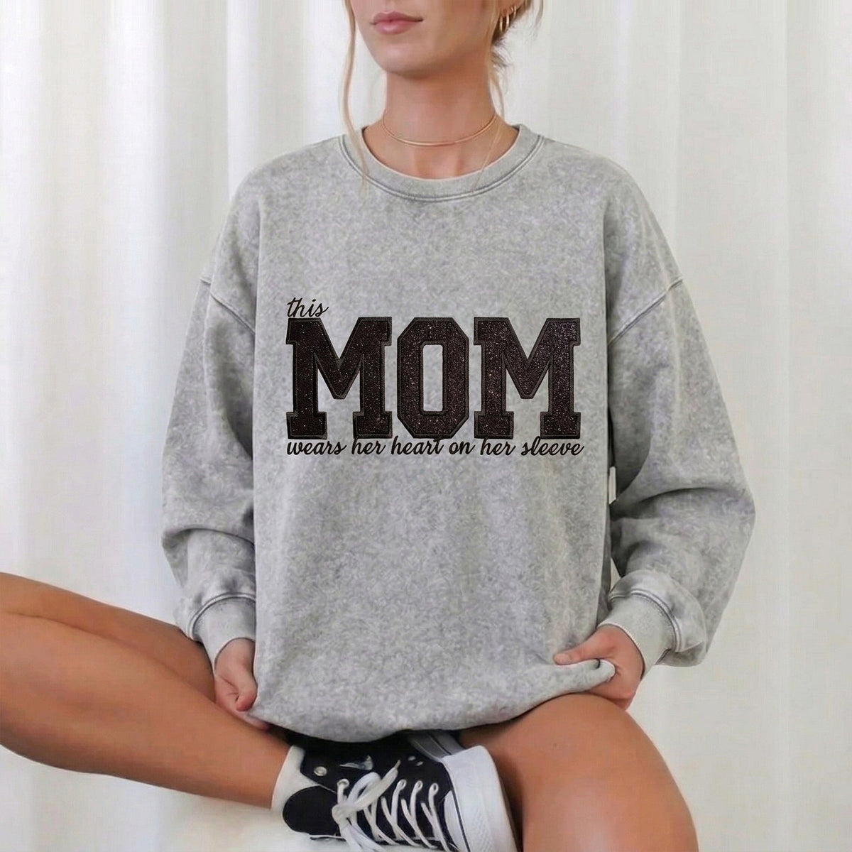 Custom Mama Glitter Embroidered Washed Sweatshirt with Kids&