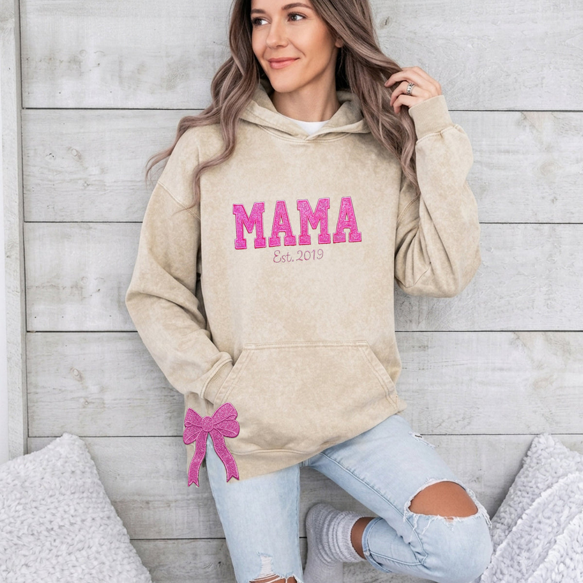 Custom Trendy and Cute Mama Embroidered Glitter Side Bow Washed Sweatshirt | Mother&