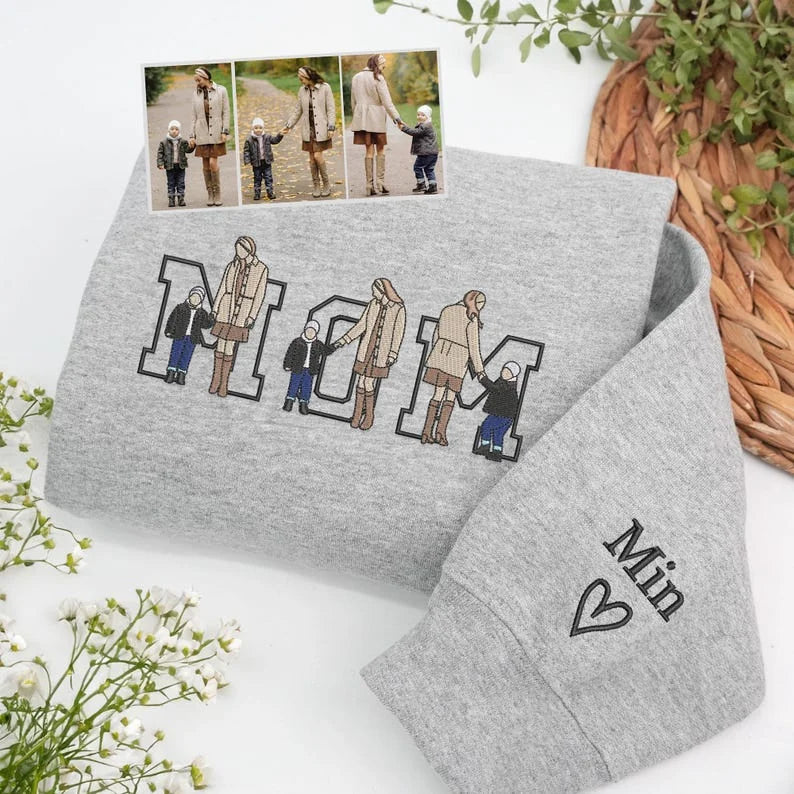 Custom Photo Portrait Embroidery Sweatshirt/Hoodie, Gift For Dad/Mom/Family