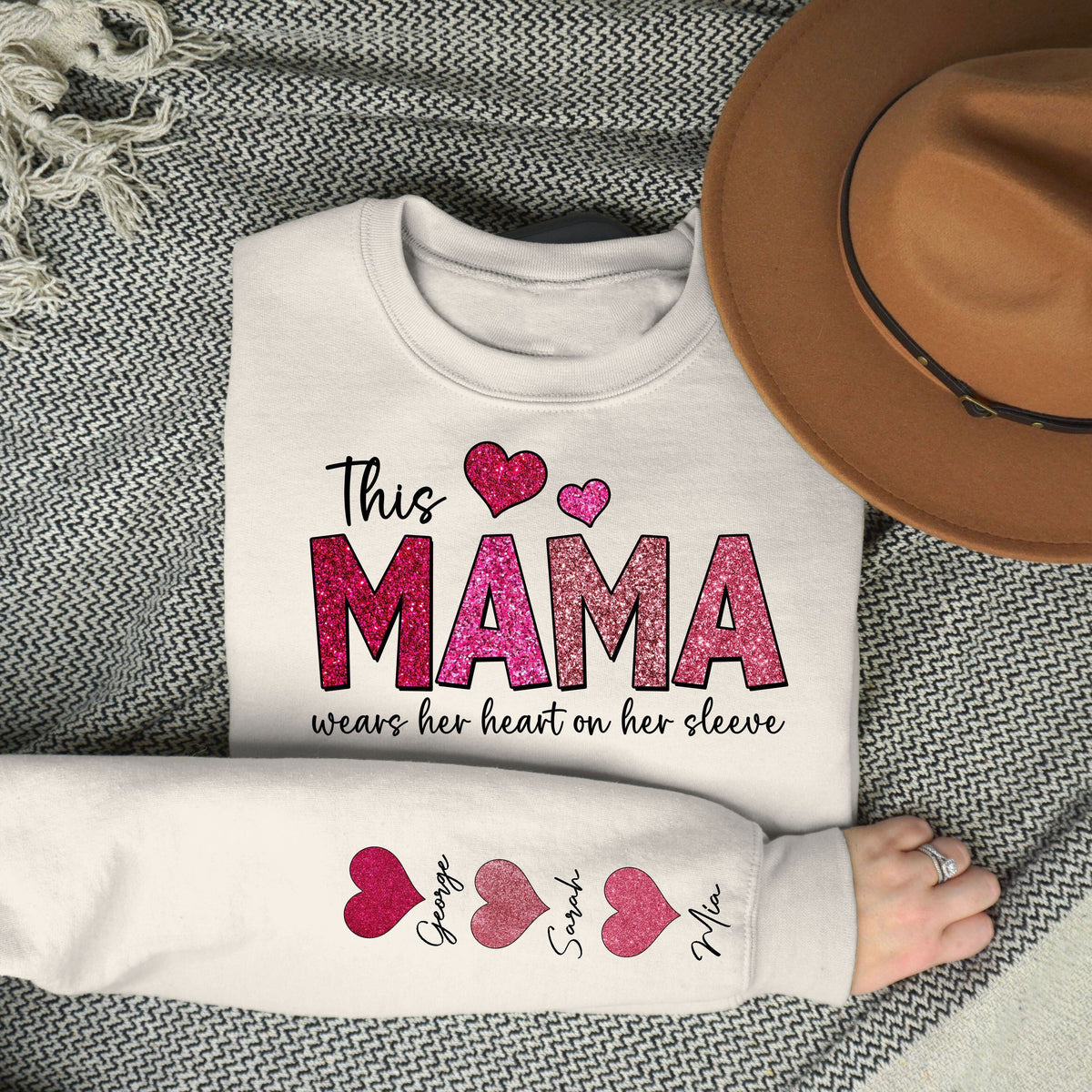 This Mama Wears Her Heart on Her Sleeve Custom Crewneck Sweatshirt