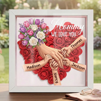 "Tulips &amp; White Roses"-Personalized Mom Holding Hands Flower Shadow Box-Mother&