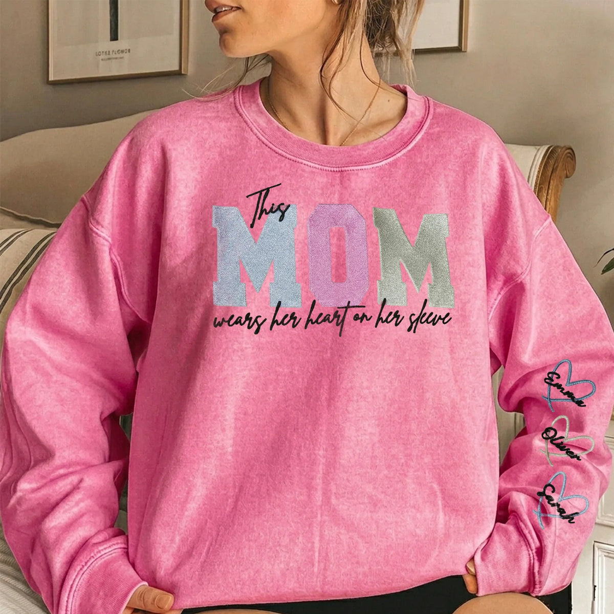 Custom Embroidered Heart on Sleeve Personalized Mommy/Grandma Washed Sweatshirt | Mother&