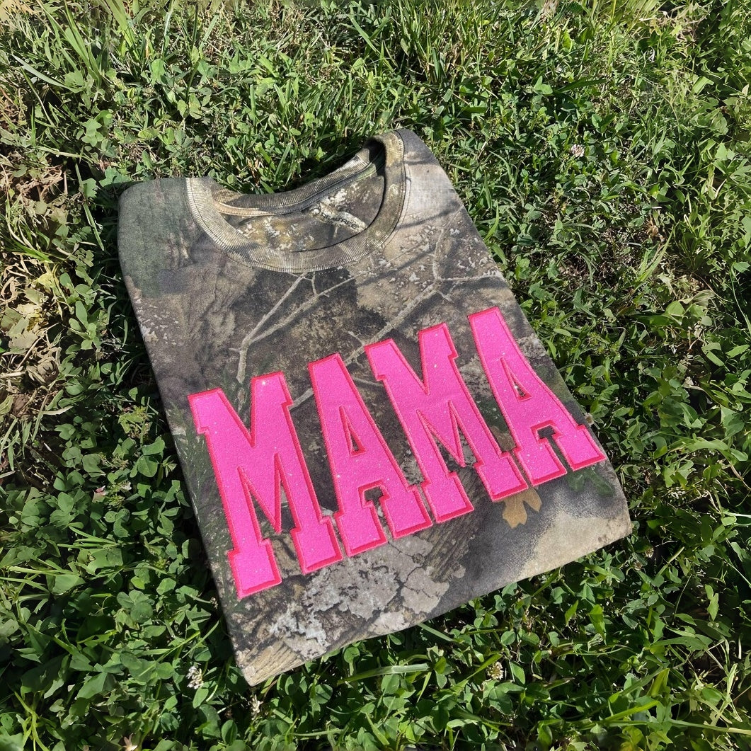 Personalized Camo Glitter Text Mama Shirt Custom Name Hunting Gift for Mom Mothers Day Apparel