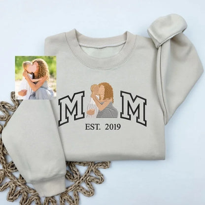 Custom Embroidered Photo Mom and Kids Family Portrait Sweatshirt |  Mother&
