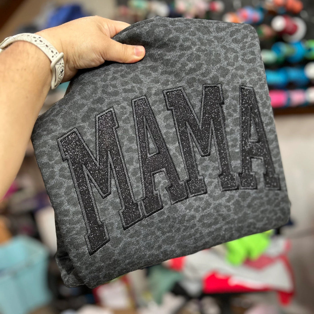Custom Embroidered Leopard Mama Shirt Black Glitter Monochromatic Tee Mothers Day Gift for Mom