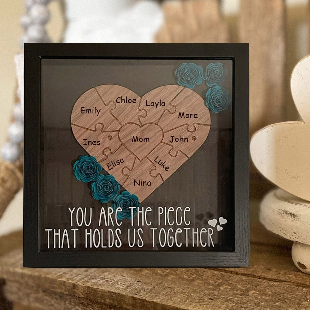 Personalized Mom Flower Shadow Box Heart Name Puzzle Piece For Mother&