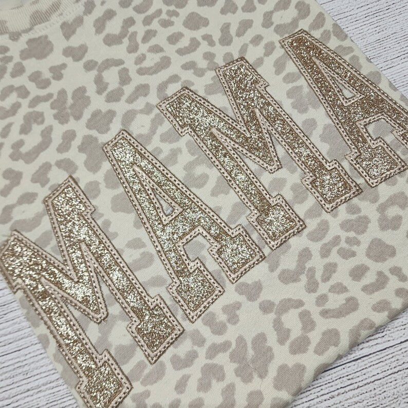 Custom Embroidered Leopard Mama Shirt Black Glitter Monochromatic Tee Mothers Day Gift for Mom