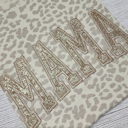 Custom Embroidered Leopard Mama Shirt Black Glitter Monochromatic Tee Mothers Day Gift for Mom