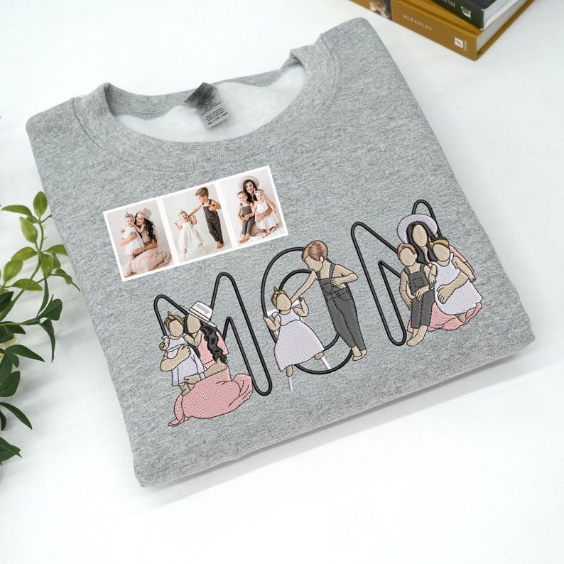 Custom Embroidered Portrait Mum &amp; Kids Letter Design Sweatshirt | Mother&