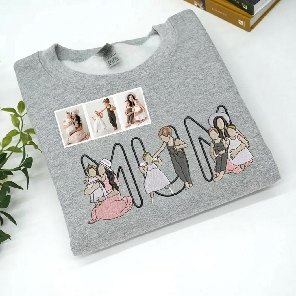 Custom Embroidered Portrait Mum &amp; Kids Letter Design Sweatshirt | Mother&