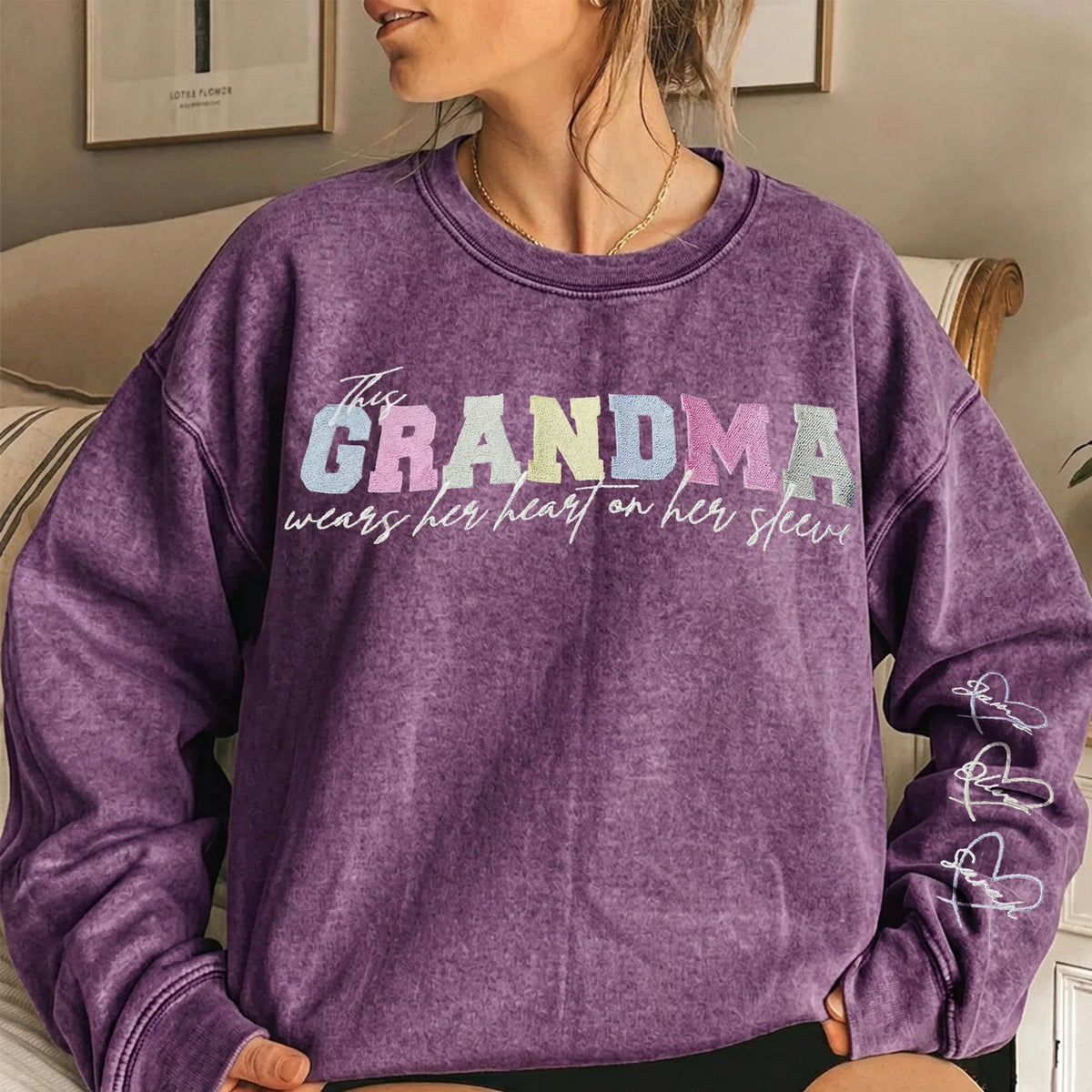 Custom Embroidered Heart on Sleeve Personalized Mommy/Grandma Washed Sweatshirt | Mother&