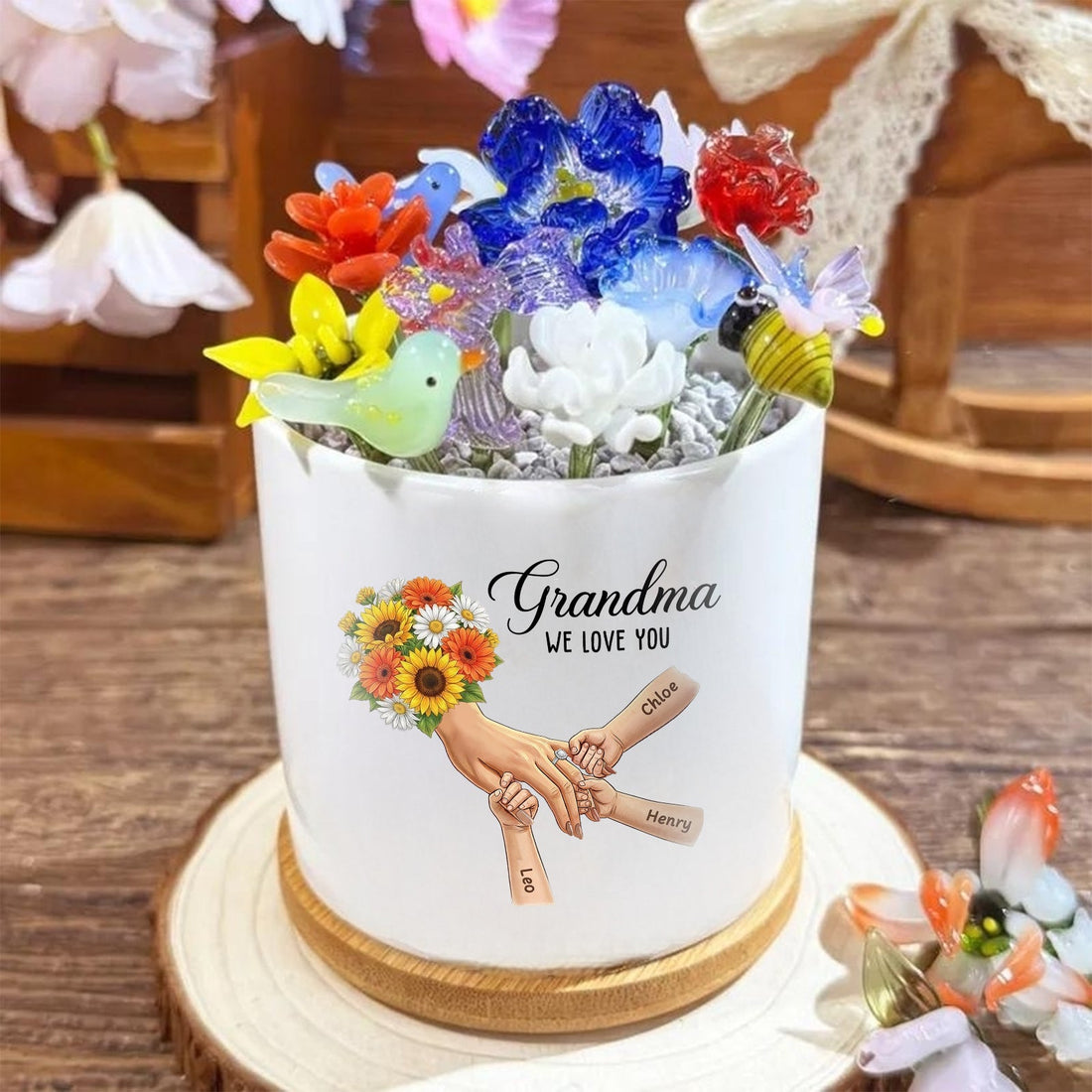 Personalized Sunflower Large Plant Pot-Personalized Mom Holding Hands|Best Mother&