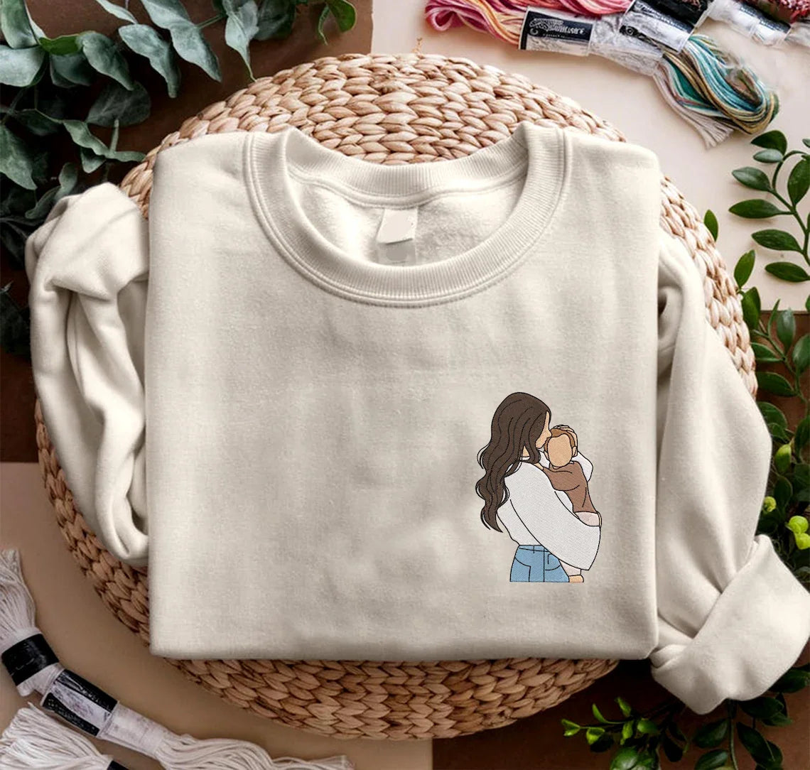 Custom Embroidered Photo Portrait T-shirt Hoodie For Mom - Unique Mother&