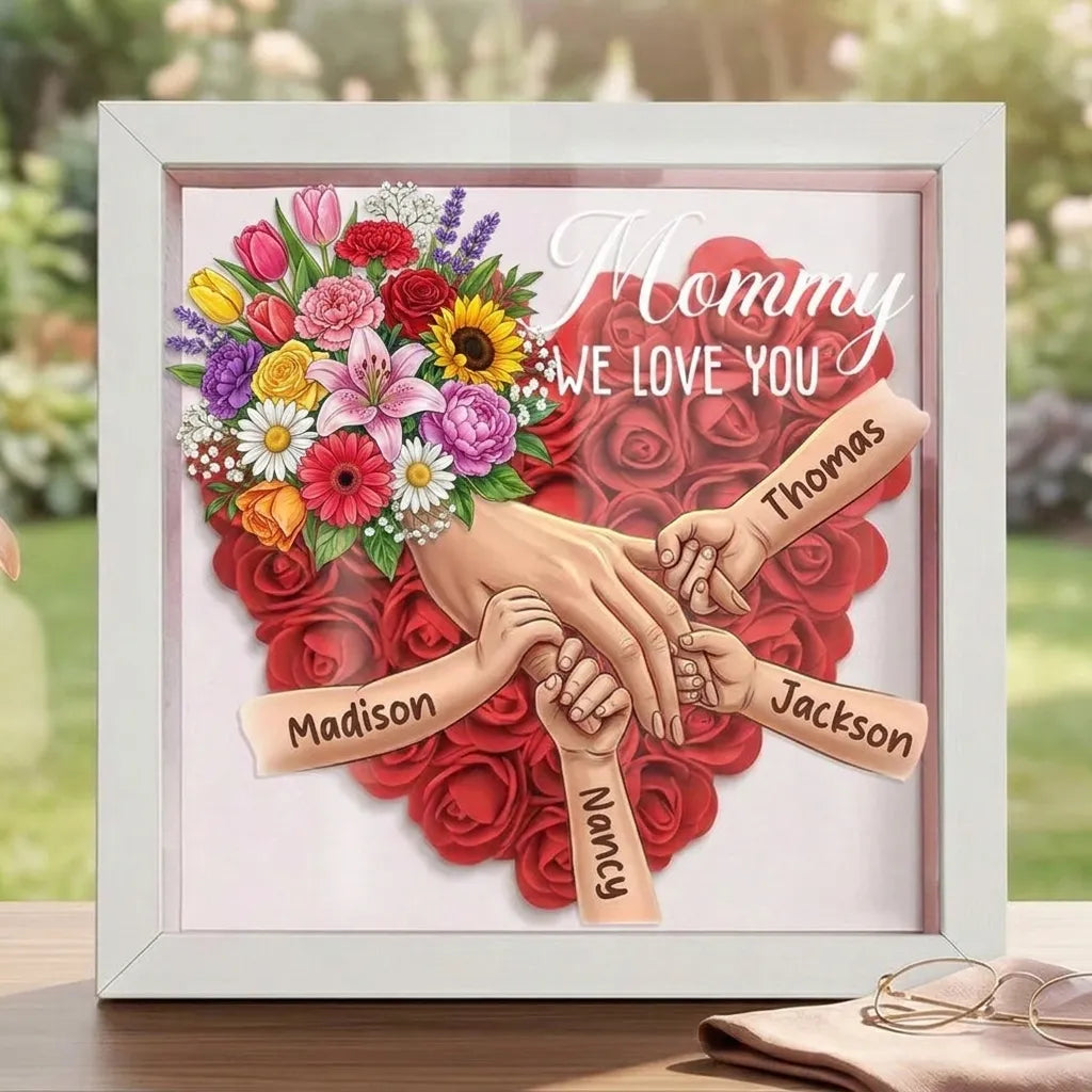"Mixed Bouquet"-Personalized Mom Holding Hands Flower Shadow Box-Mother&