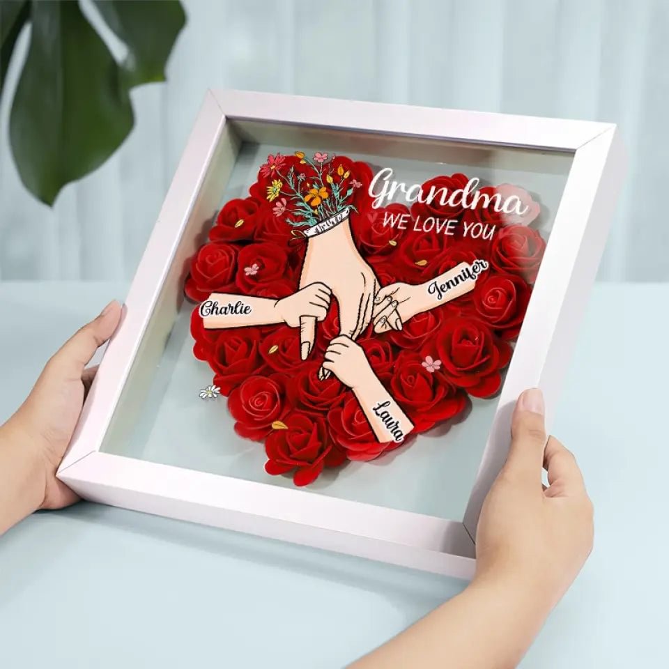 Family Love Blooms Forever – Custom Personalized Mum &amp; Grandma Flower Shadow Box with Names | Mother’s Day gift