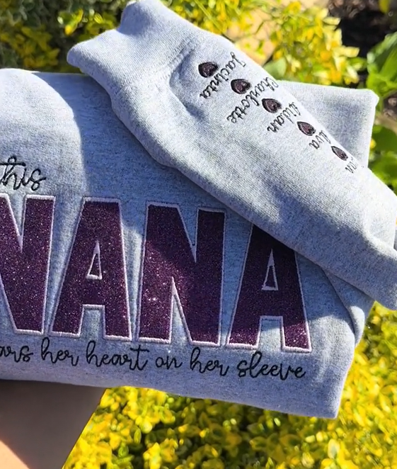 Custom Glitter Mama Wears Her Heart On Her Sleeves Embroidered Sweatshirt | Mother’s Day gift