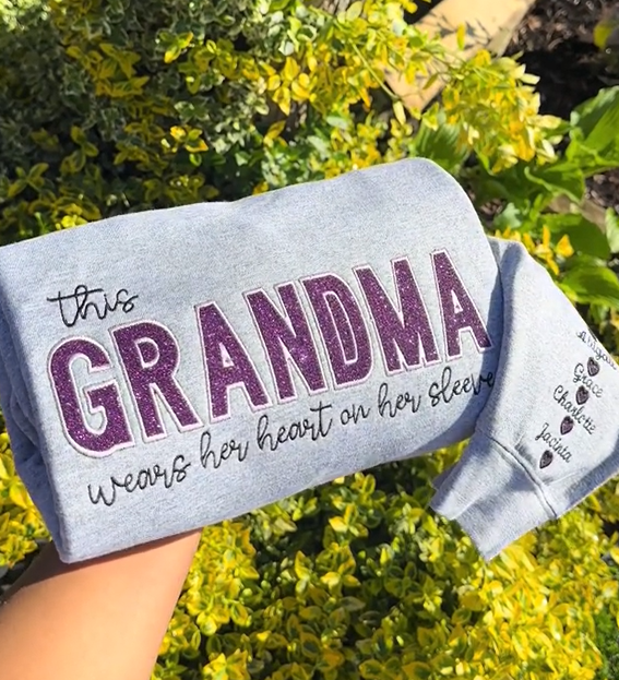 Custom Glitter Mama Wears Her Heart On Her Sleeves Embroidered Sweatshirt | Mother’s Day gift