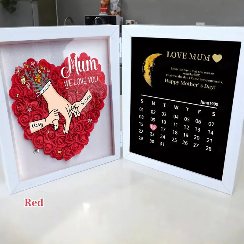 Mum We Love You With REAL MOON PHASE Anniversary Calendar - Personalized Mum &amp; Grandma Flower Shadow Box with Names