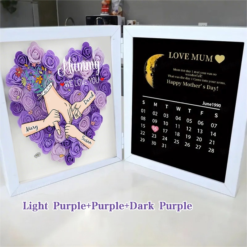Mum We Love You With REAL MOON PHASE Anniversary Calendar - Personalized Mum &amp; Grandma Flower Shadow Box with Names