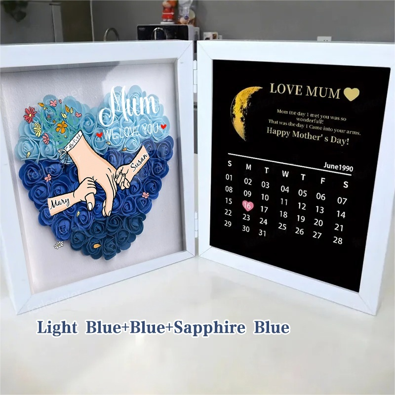 Mum We Love You With REAL MOON PHASE Anniversary Calendar - Personalized Mum &amp; Grandma Flower Shadow Box with Names