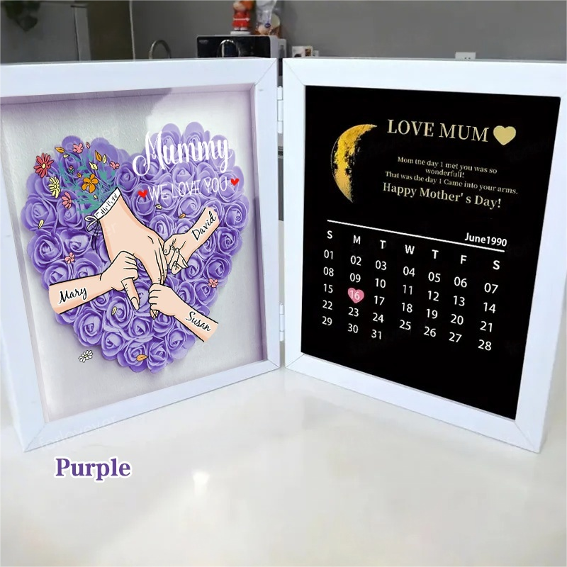 Mum We Love You With REAL MOON PHASE Anniversary Calendar - Personalized Mum &amp; Grandma Flower Shadow Box with Names