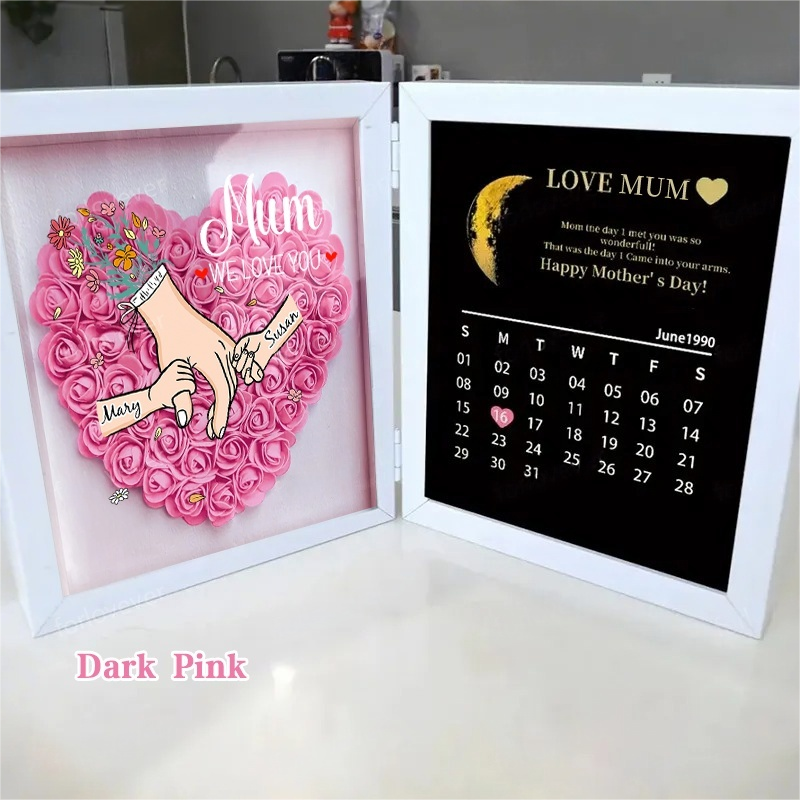Mum We Love You With REAL MOON PHASE Anniversary Calendar - Personalized Mum &amp; Grandma Flower Shadow Box with Names