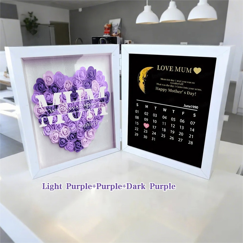 Mum We Love You With REAL MOON PHASE Anniversary Calendar - Personalized Flower Shadow Box