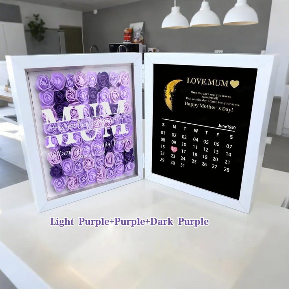 Mum We Love You With REAL MOON PHASE Anniversary Calendar - Personalized Flower Shadow Box
