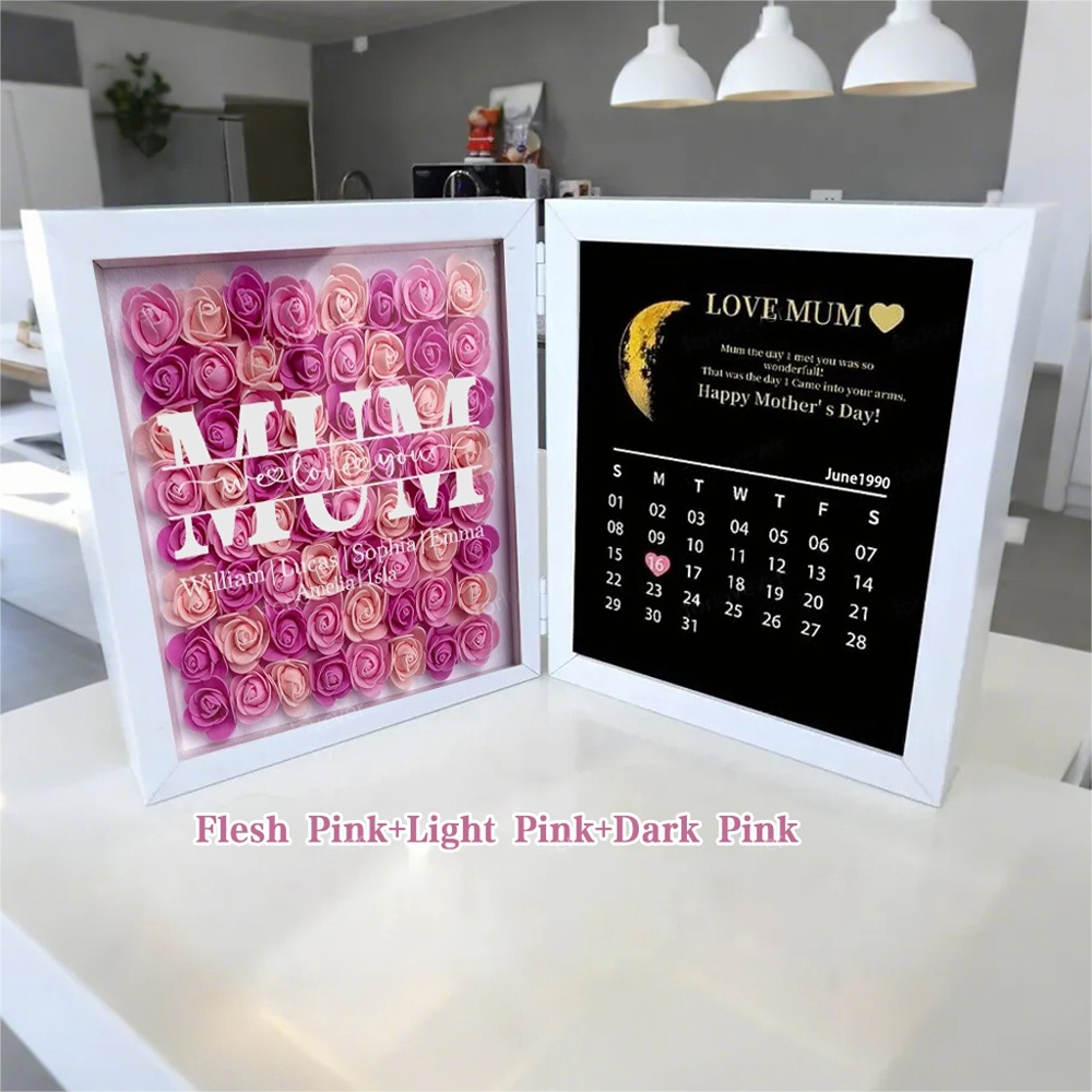 Mum We Love You With REAL MOON PHASE Anniversary Calendar - Personalized Flower Shadow Box