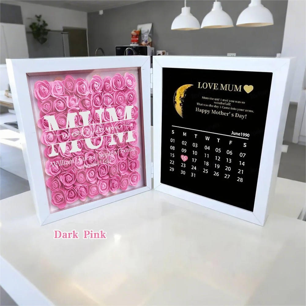 Mum We Love You With REAL MOON PHASE Anniversary Calendar - Personalized Flower Shadow Box
