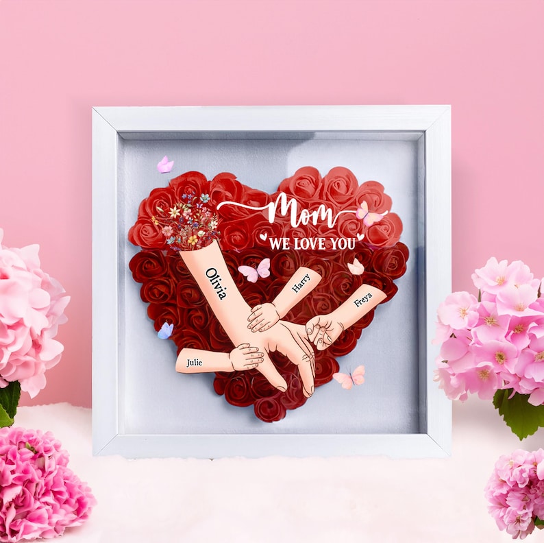 Personalized Handprints Mom And Children Flower Shadow Box | Mother&