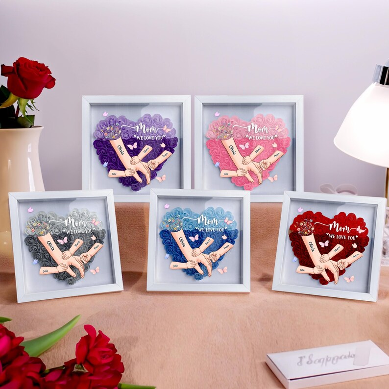 Personalized Handprints Mom And Children Flower Shadow Box | Mother&
