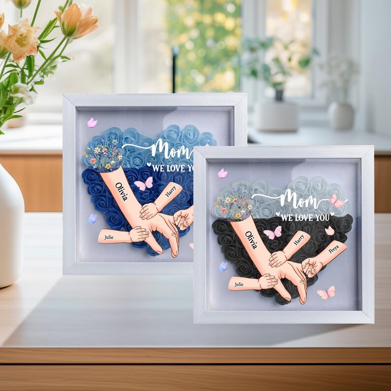 Personalized Handprints Mom And Children Flower Shadow Box | Mother&
